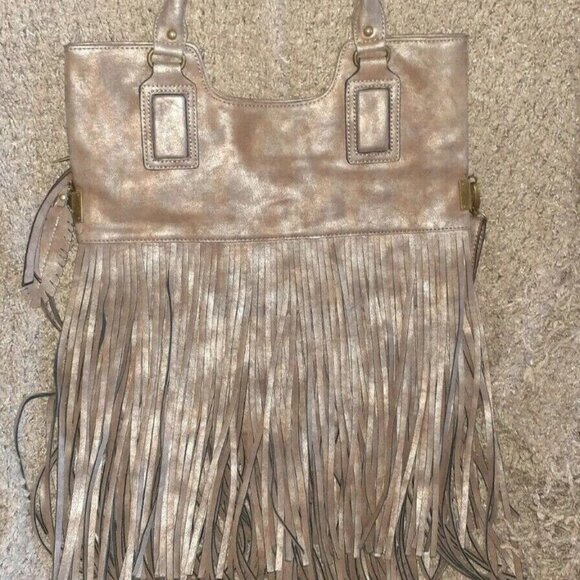 ALDO-Vegan Metallic Taupe Leather-Fringe-BOHO-Foldover Xbody/Handbag-Bag Charms - Picture 3 of 8